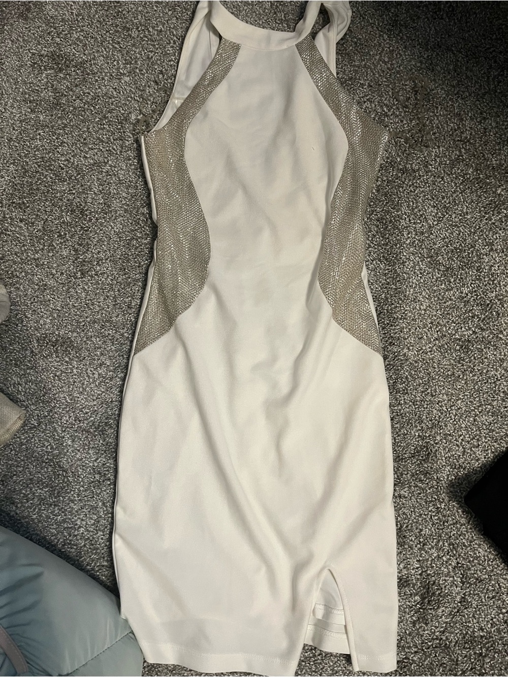 Charlotte Russe White Halter Dress with Silver Mesh Side Panels